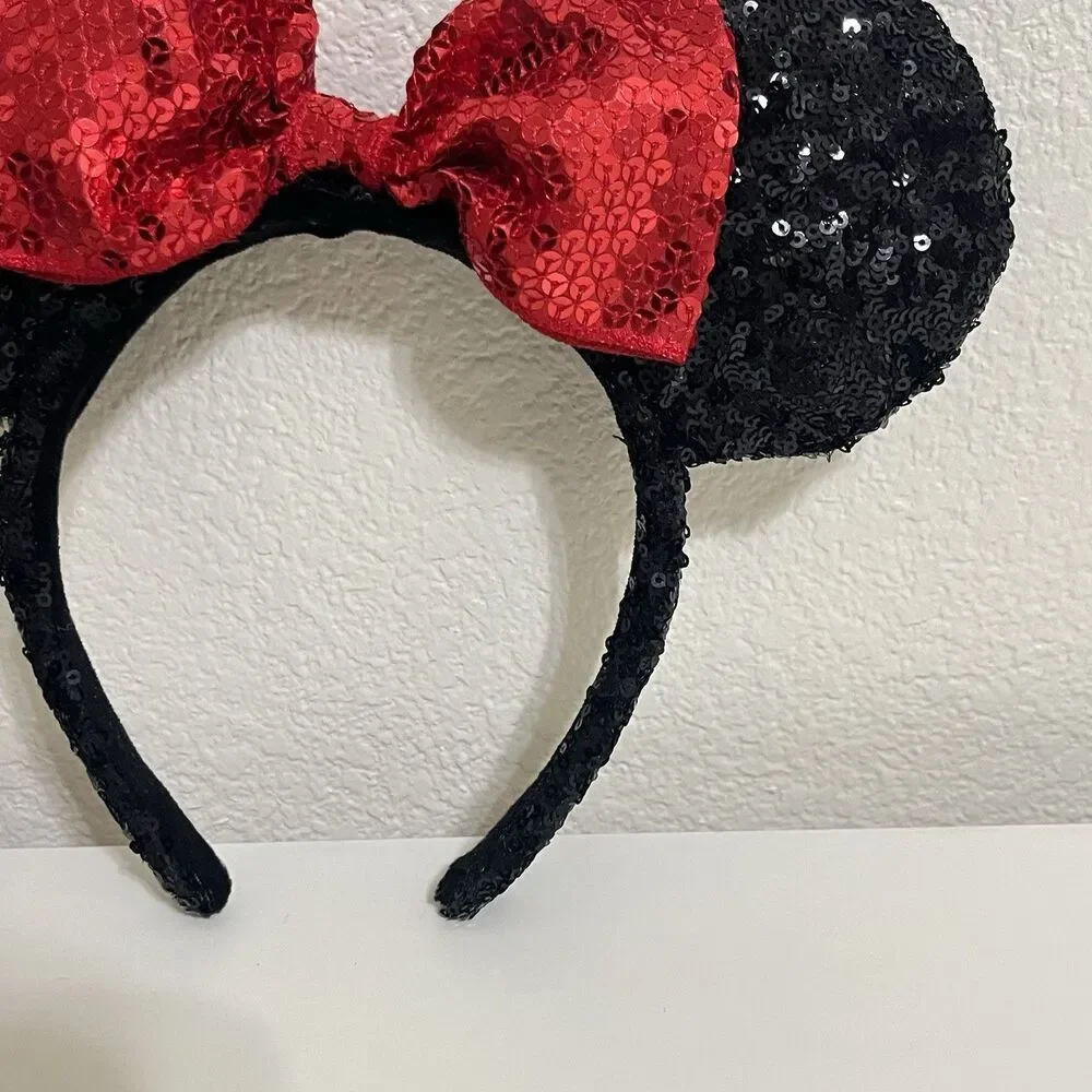 Disney Parks Minnie Mouse Black Sequin Red Bow Sequin Ears Headband